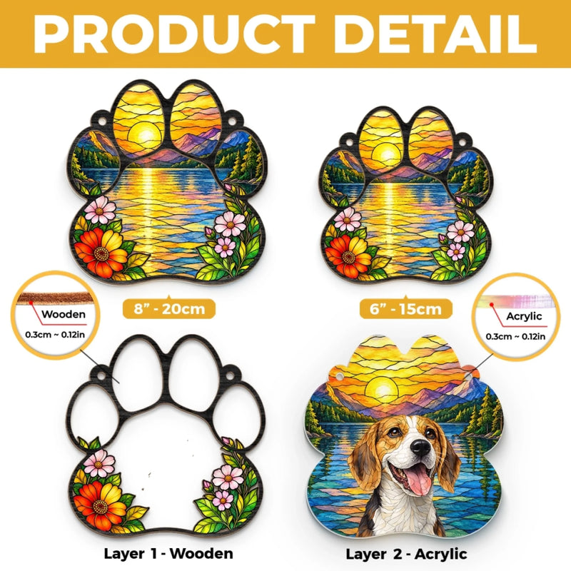 Custom Dog Paw Floral Mountain Lake Decor - Personalized Photo Window Hanging Suncatcher - A Little Piece Of Pawadise