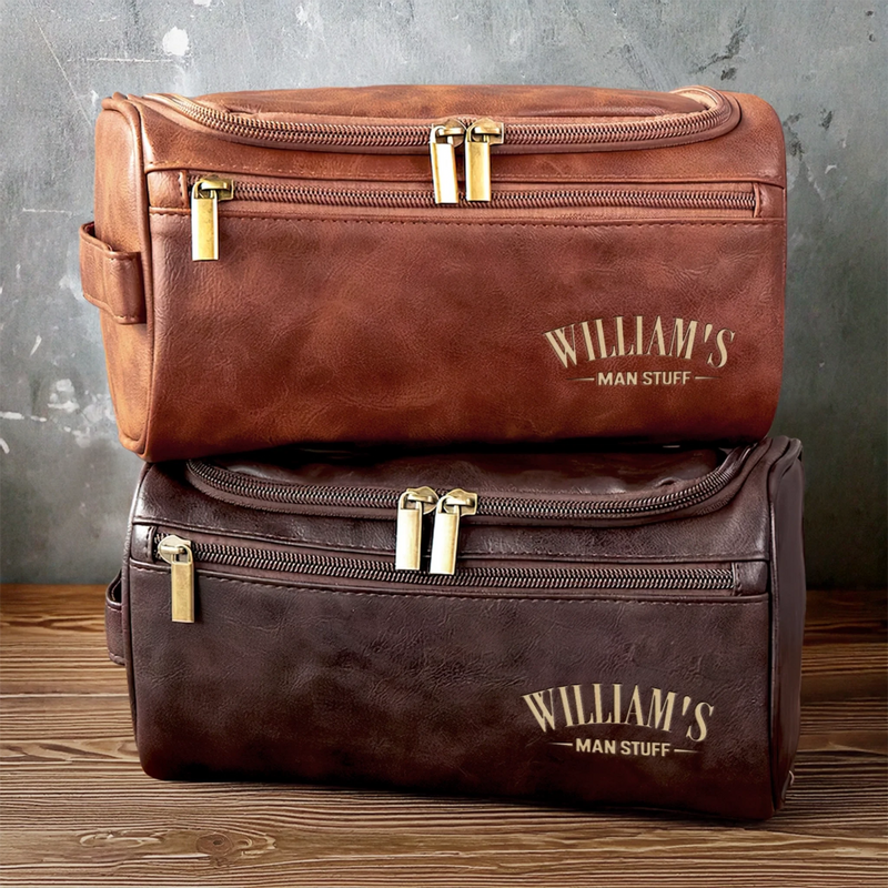Custom Name Men's Grooming Gift - Personalized Engraved Leather Toiletry Bag