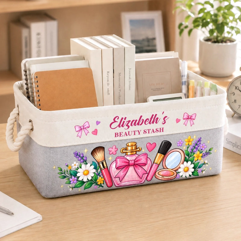 Custom Name Beauty Stash Gifts for Women - Personalized Storage Basket - Beauty Stash