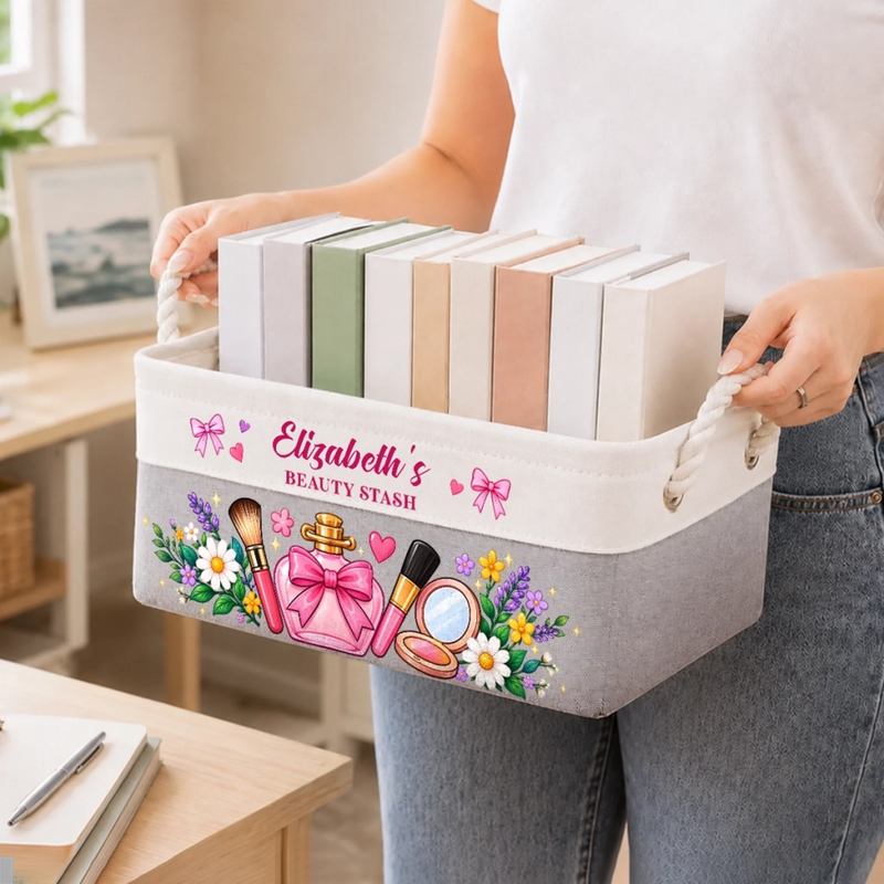 Custom Name Beauty Stash Gifts for Women - Personalized Storage Basket - Beauty Stash