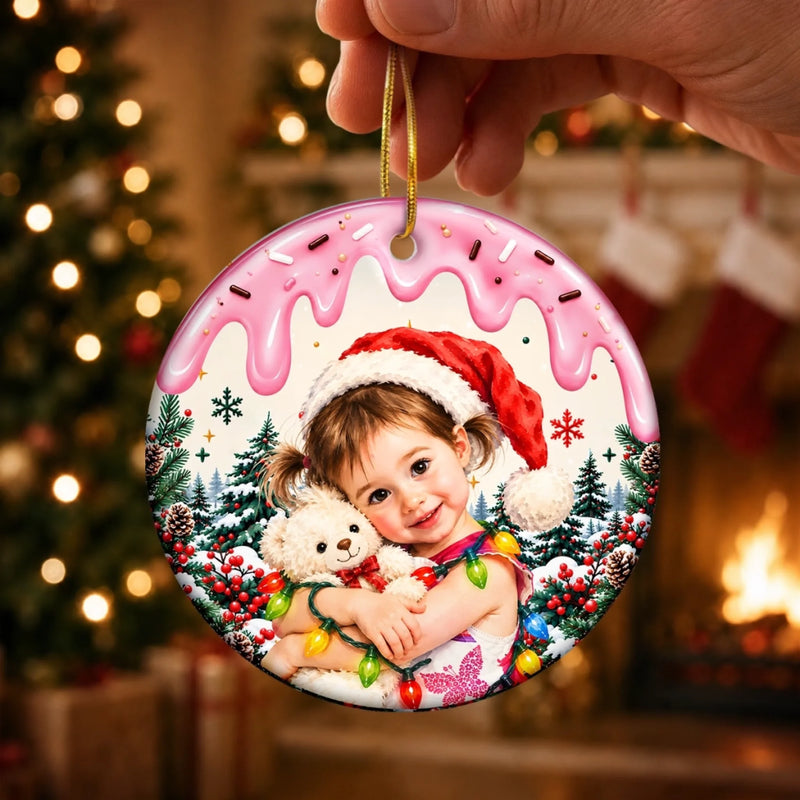 Custom Photo Santa Hat Christmas Keepsake for Kids - Personalized Ceramic Ornament - Big Christmas