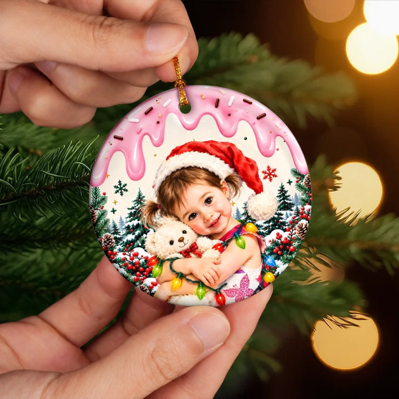 Custom Photo Santa Hat Christmas Keepsake for Kids - Personalized Ceramic Ornament - Big Christmas