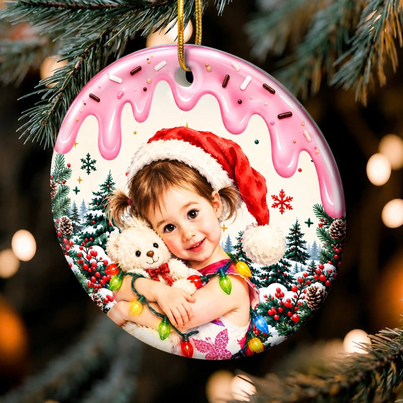 Custom Photo Santa Hat Christmas Keepsake for Kids - Personalized Ceramic Ornament - Big Christmas