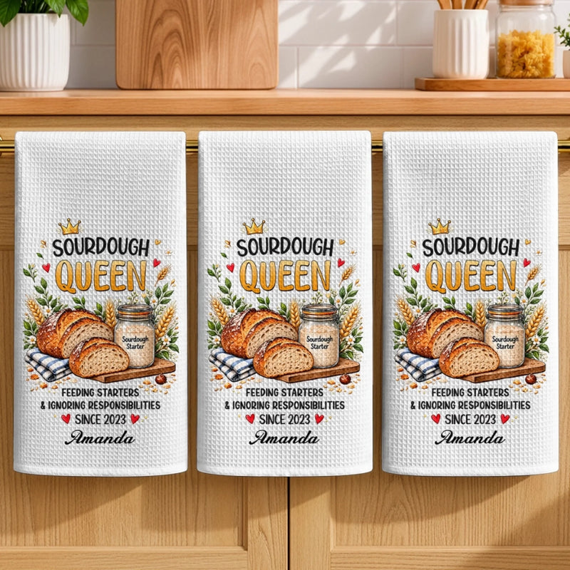 Custom Name Sourdough Queen Gifts for Bread Bakers - Personalized Kitchen Towel - Sourdough Queen