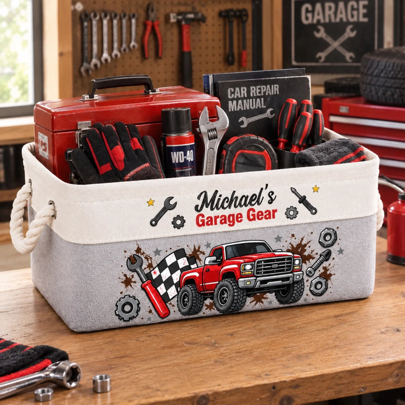 Custom Name Garage Truck Gear Decor - Personalized Storage Basket - Fueled By Grit And Grease