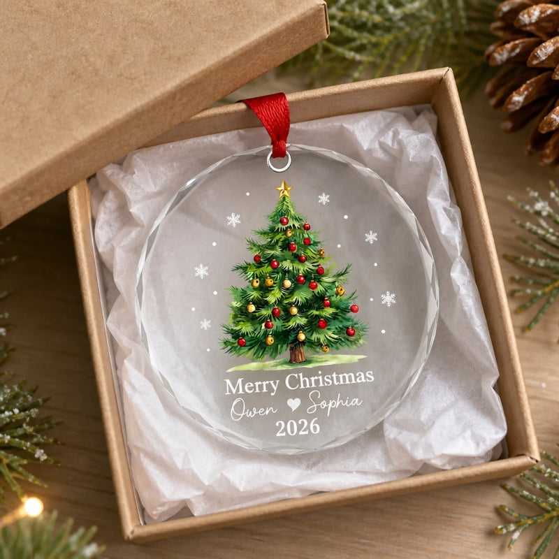 Custom Name Christmas Gifts for Couples - Personalized Glass Ornament - Our Love, Our Christmas