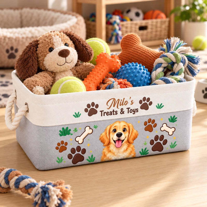 Custom Name Dog Treats And Toys Gifts For Dog Lovers - Personalized Photo Storage Basket - Spoiled With Love And Snacks