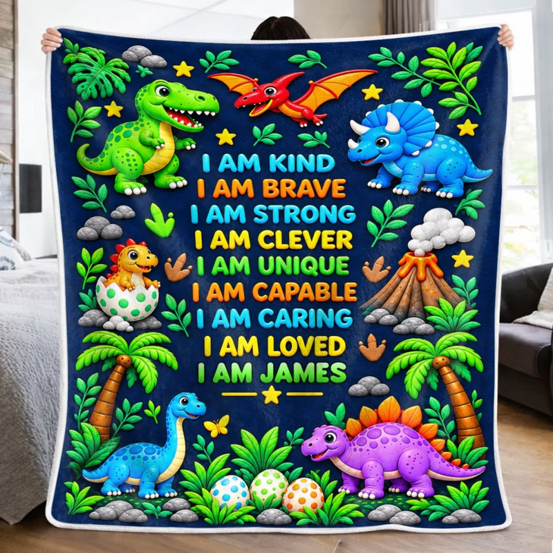 Custom Name Dinosaur Affirmation Gifts for Kids - Personalized Blanket - Unique