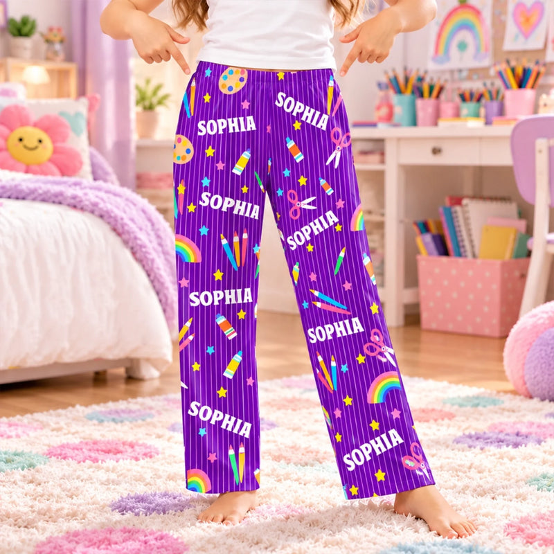 Custom Name Art Supplies Gifts for Girls - Personalized Pajama Pants - Rainbow