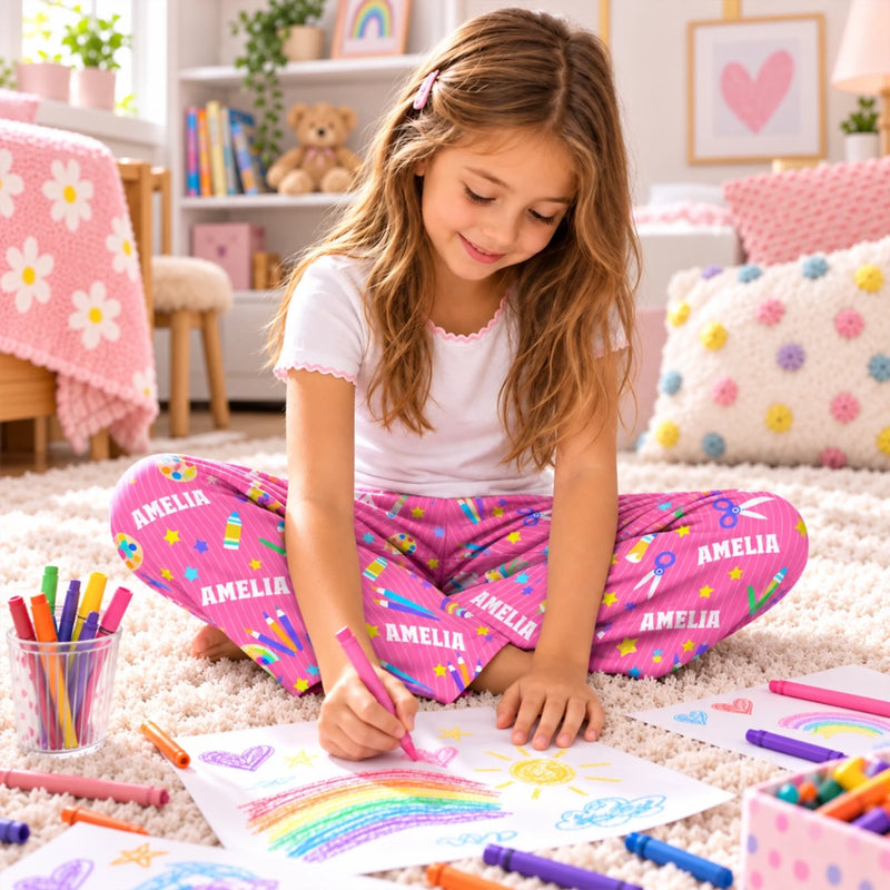 Custom Name Art Supplies Gifts for Girls - Personalized Pajama Pants - Rainbow