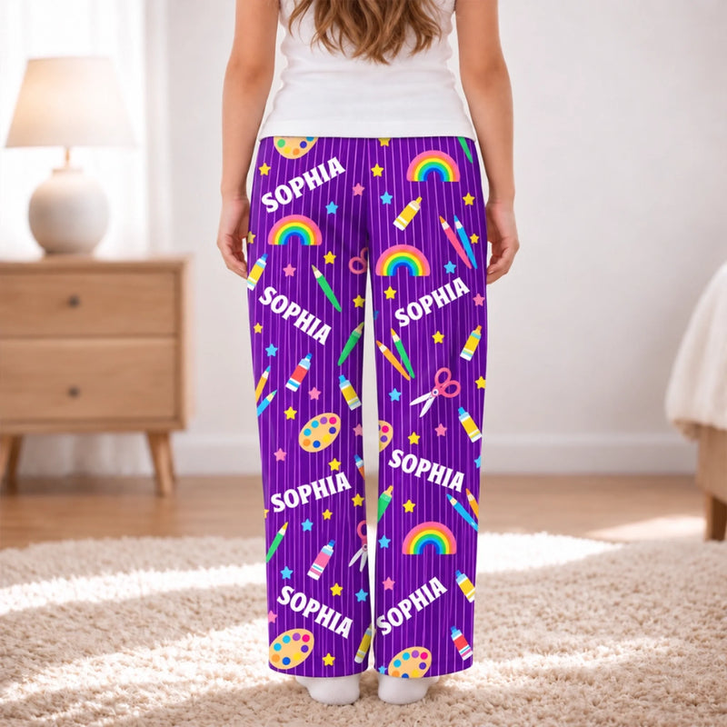 Custom Name Art Supplies Gifts for Girls - Personalized Pajama Pants - Rainbow