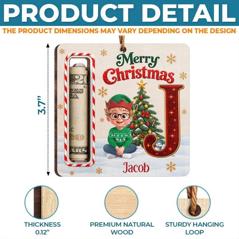 Custom Name Christmas Cash Holder for Kids - Personalized Wooden Money Holder Ornament - Buck Full Of Joy