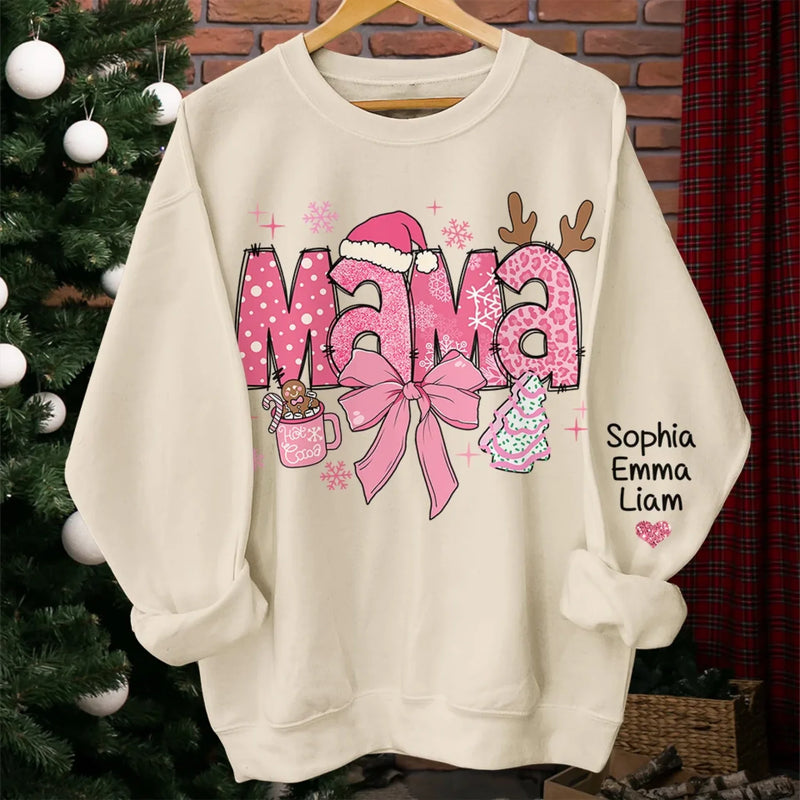Custom Name Christmas Mama Gifts for Mom - Personalized Sweatshirt Design On Sleeve - Pinky Day