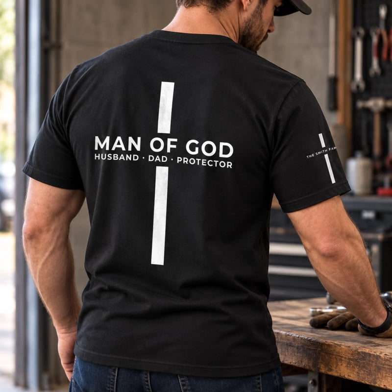 Custom Family Name Man Of God Gifts For Men - Personalized Back Printed Shirt - God’s Man His Family’s Hero