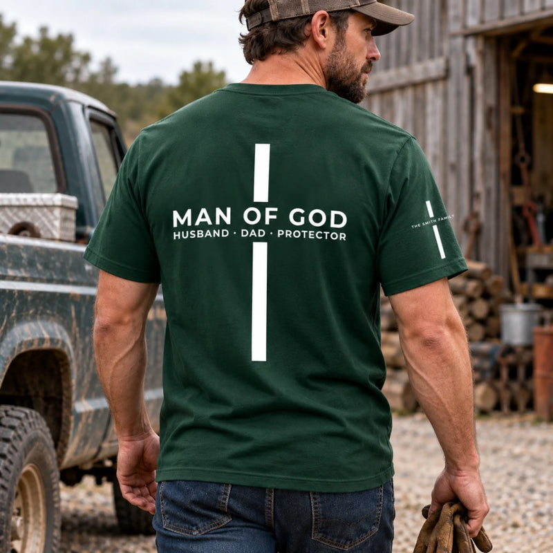 Custom Family Name Man Of God Gifts For Men - Personalized Back Printed Shirt - God’s Man His Family’s Hero