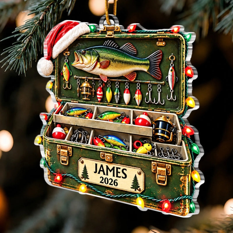 Custom Tackle Box Name and Year Christmas Keepsake for Fishermen - Personalized Acrylic Ornament - Hooked On Holiday Cheer