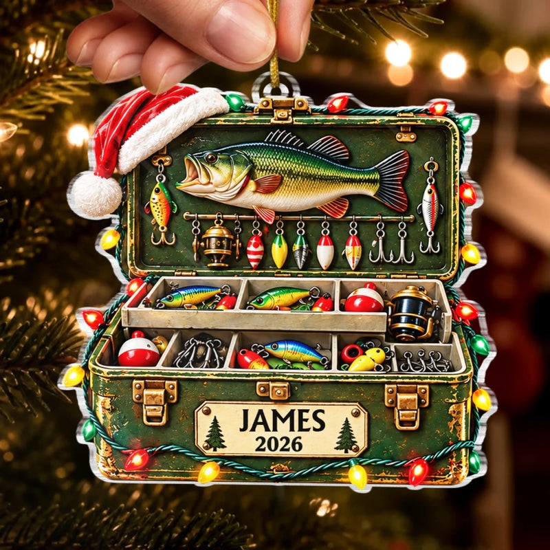 Custom Tackle Box Name and Year Christmas Keepsake for Fishermen - Personalized Acrylic Ornament - Hooked On Holiday Cheer