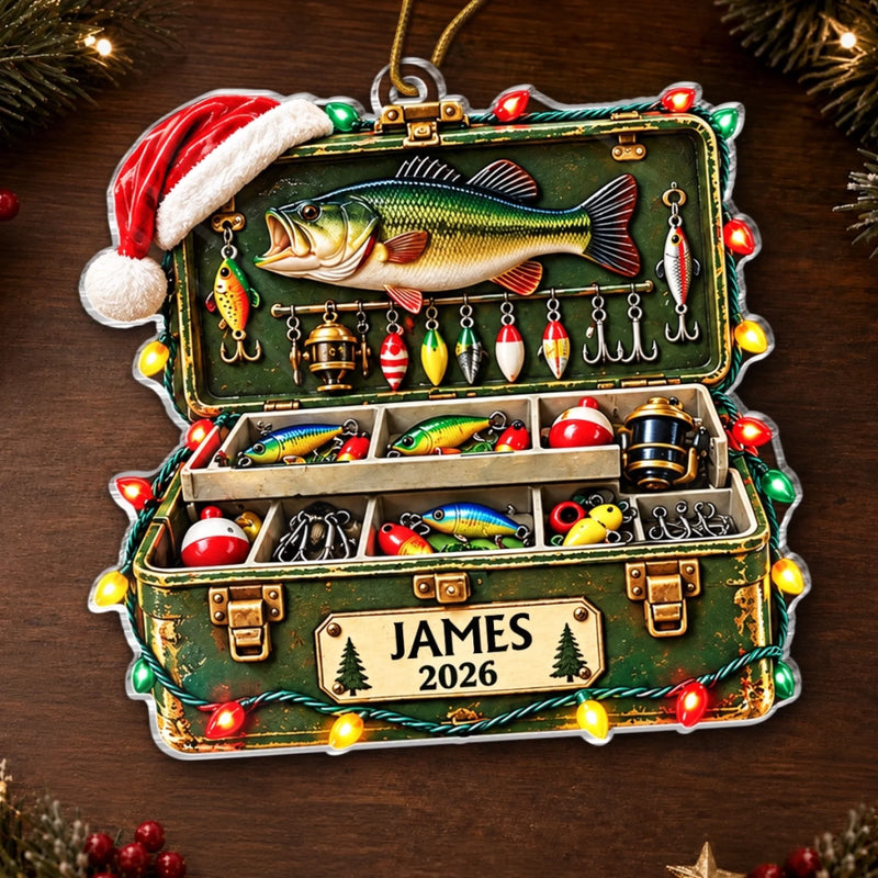 Custom Tackle Box Name and Year Christmas Keepsake for Fishermen - Personalized Acrylic Ornament - Hooked On Holiday Cheer