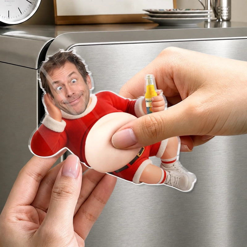 Custom Photo Funny Santa Dad Bod Gifts for Men - Personalized Squishy Acrylic Fridge Magnet - Belly Laughs And Holiday Cheers