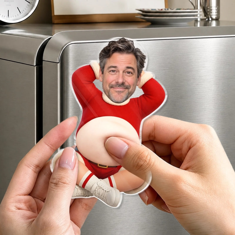 Custom Photo Santa Belly Humor Gifts for Men - Personalized Squishy Acrylic Fridge Magnet - All Belly No Regrets