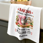 Custom Name Baking Gifts for Bakers - Personalized Kitchen Towel - Baking Makes Me Happy