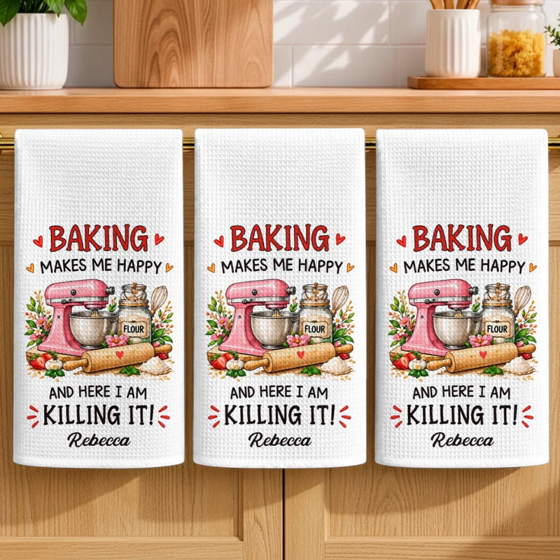 Custom Name Baking Gifts for Bakers - Personalized Kitchen Towel - Baking Makes Me Happy