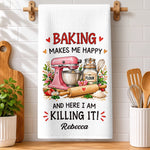 Custom Name Baking Gifts for Bakers - Personalized Kitchen Towel - Baking Makes Me Happy