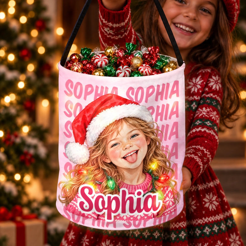 Custom Photo Christmas Gifts for Kids - Personalized LED Light Bucket Bag - Seasonal Celebrations