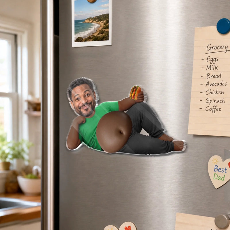 Custom Photo Funny Dad Bod Foodie Gifts for Men - Personalized Squishy Acrylic Fridge Magnet - Abs Are On Vacation