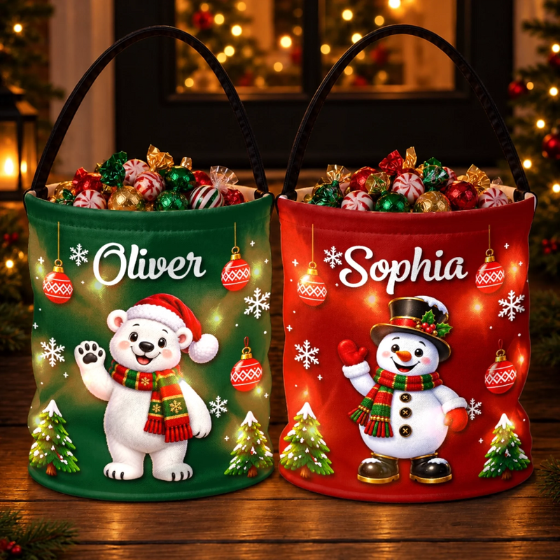 Custom Name Christmas Treat Bags for Kids - Personalized LED Light Bucket Bag - Surprise Candy