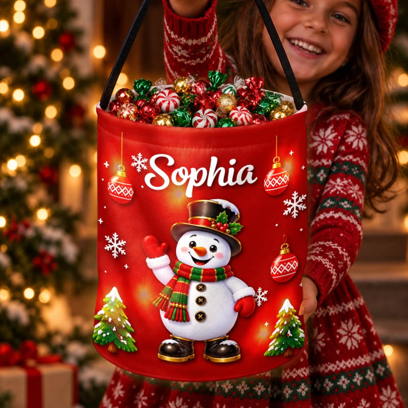 Custom Name Christmas Treat Bags for Kids - Personalized LED Light Bucket Bag - Surprise Candy