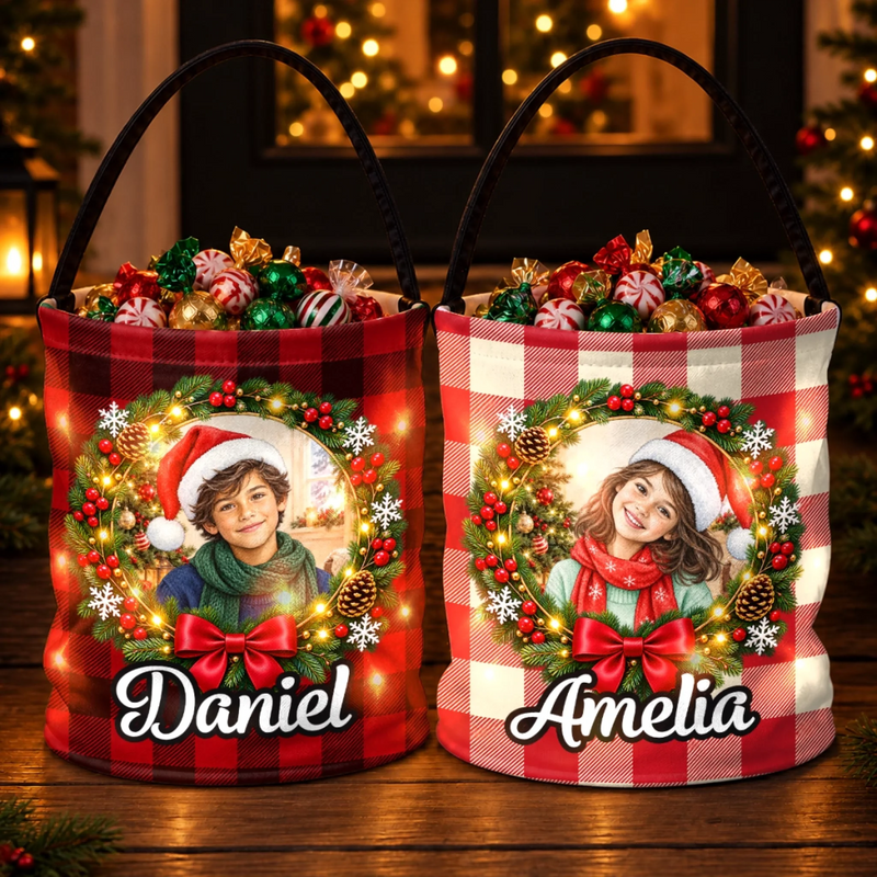Custom Name Photo Christmas Gifts for Kids - Personalized LED Light Bucket Bag - Memorable Season