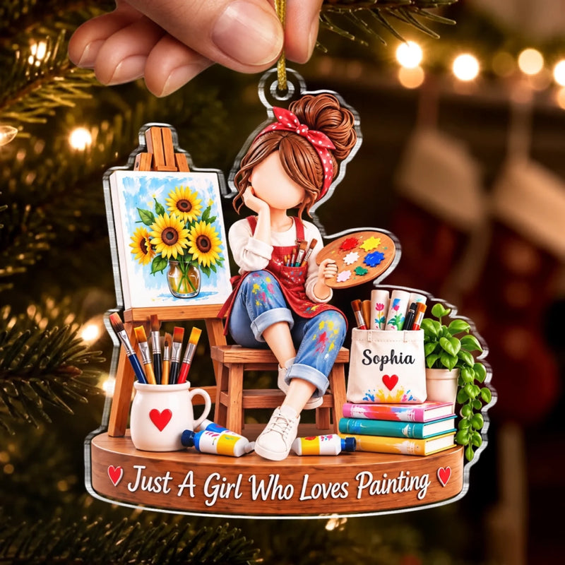 Custom Painting Girl Christmas Gifts for Artists - Personalized Acrylic Ornament - Art-loving Girl