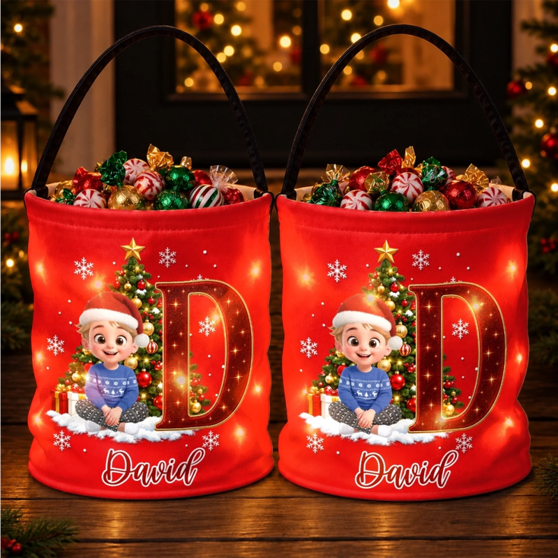 Name Christmas Gifts for Kids - Personalized LED Light Bucket Bag - Making Spirits Bright