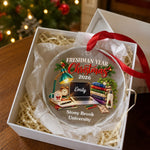 Custom Name College Study Christmas Keepsake for Freshmen - Personalized Glass Ornament