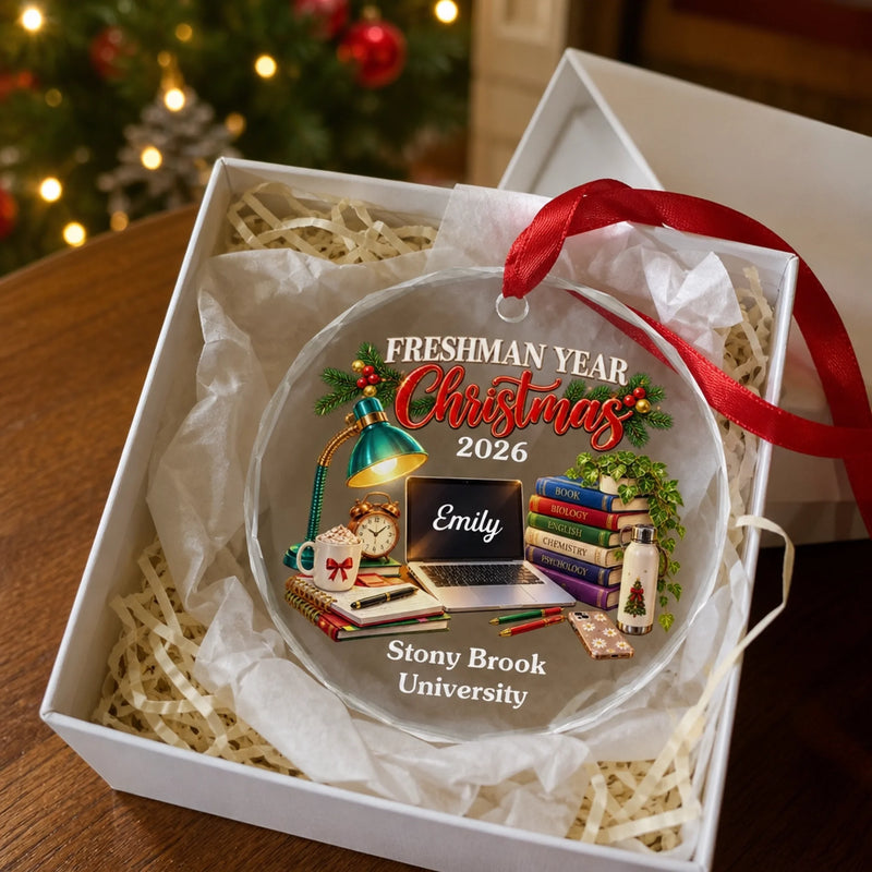 Custom Name College Study Christmas Keepsake for Freshmen - Personalized Glass Ornament