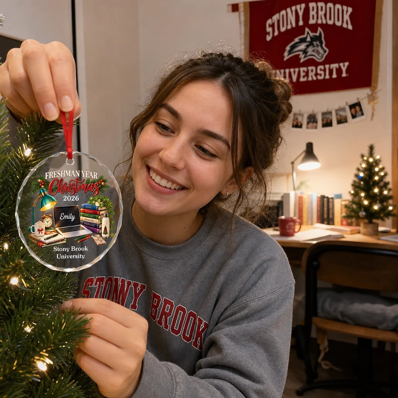 Custom Name College Study Christmas Keepsake for Freshmen - Personalized Glass Ornament