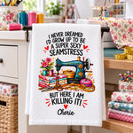 Custom Name Funny Seamstress Gifts for Sewing Lovers - Personalized Kitchen Towel - Super Sexy Seamstress