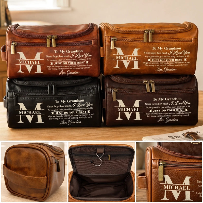 Custom Name Inspirational Gifts for Grandson - Personalized Leather Toiletry Bag - Carry Confidence Everywhere