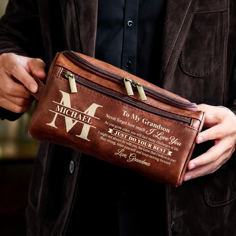 Custom Name Inspirational Gifts for Grandson - Personalized Leather Toiletry Bag - Carry Confidence Everywhere