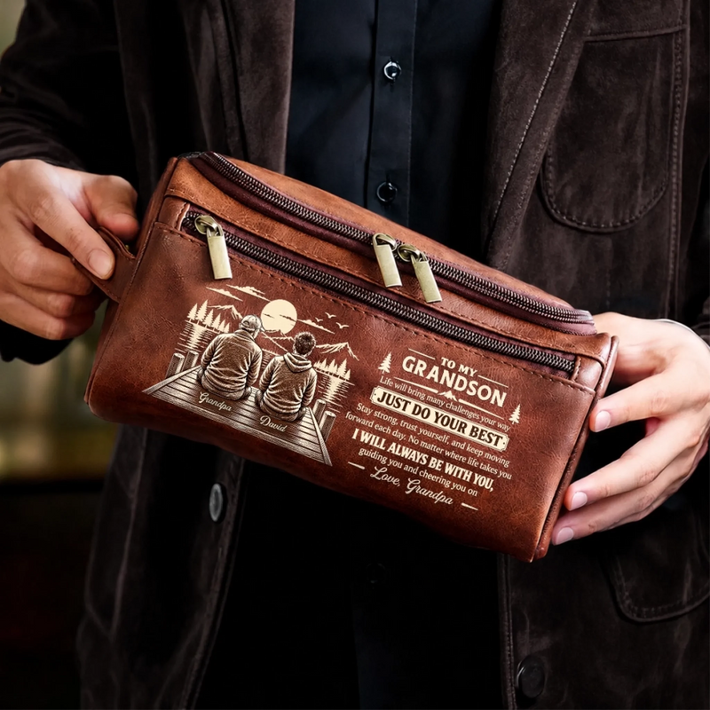 Custom Name Grandpa to Grandson Gifts - Personalized Leather Toiletry Bag - Stay Strong Stay Humble