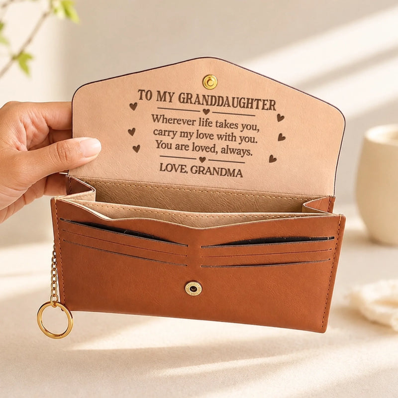 Custom Name Granddaughter Love Message Gifts from Grandma - Personalized Leather Envelope Wallet - My Love Goes With You
