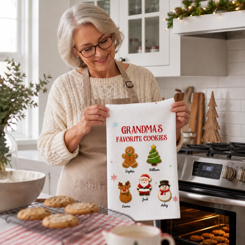 Custom Name Christmas Cookie Gifts for Grandma - Personalized Kitchen Towel - Christmas Cookies