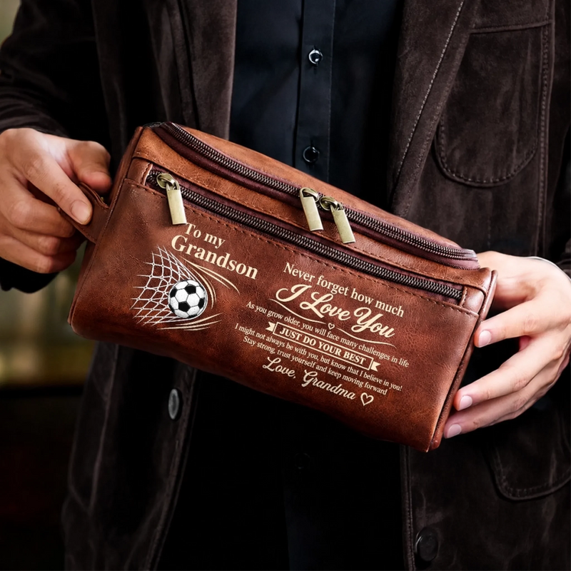 Custom Soccer Gifts for Grandson - Personalized Leather Toiletry Bag - Always Keep Going