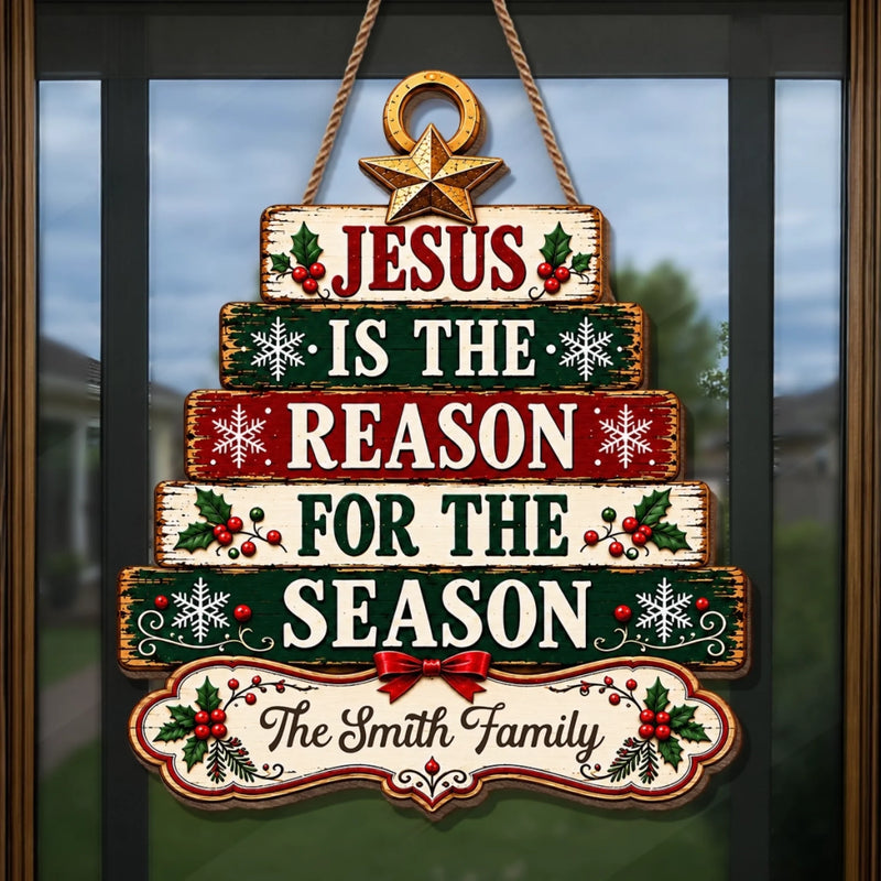 Custom Christmas Jesus Is the Reason Family Decor - Personalized Shaped Wood Sign - Christian Families