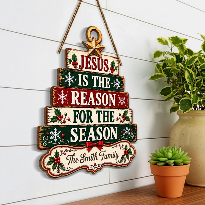 Custom Christmas Jesus Is the Reason Family Decor - Personalized Shaped Wood Sign - Christian Families