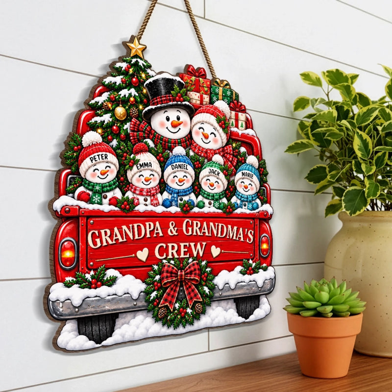 Custom Name Snowman Family Christmas Gifts for Grandparents - Personalized Custom Shaped Wood Sign - Christmas Crew