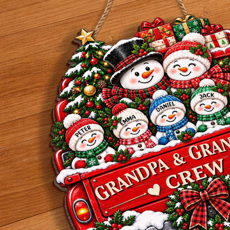 Custom Name Snowman Family Christmas Gifts for Grandparents - Personalized Custom Shaped Wood Sign - Christmas Crew