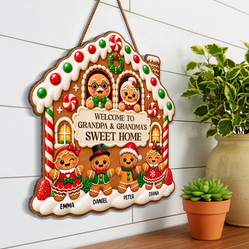 Custom Name Christmas Gingerbread House Gifts for Grandparents - Personalized Shaped Wood Sign - Sweet Home
