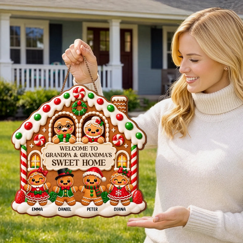 Custom Name Christmas Gingerbread House Gifts for Grandparents - Personalized Shaped Wood Sign - Sweet Home